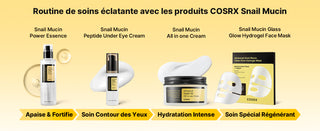 Routine COSRX Snail Mucin - essence, contour des yeux, creme et masque hydrogel sur fond jaune