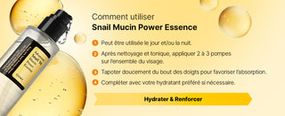 COSRX Snail 96 Mucin Power Essence - mode d'emploi en 4 etapes avec flacon sur fond dore