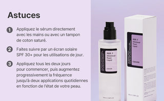 COSRX AHA 7 Whitehead Power Liquid - astuces d'utilisation avec flacon et boite sur fond mauve