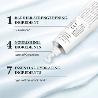 DR.ALTHEA 147 Barrier Cream - infographie guaiazulene, 4 ceramides et 7 acides hyaluroniques avec texture