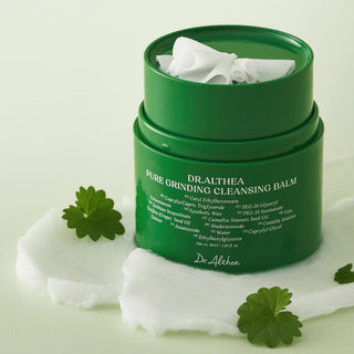 DR.ALTHEA Pure Grinding Cleansing Balm - pot vert ouvert avec feuilles de centella et texture baume