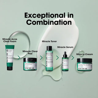 Routine complete SOME BY MI 30 Days Miracle - mousse, pad, toner, serum et creme sur fond vert avec textures