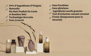Gamme Haruharu Wonder Black Rice - certifications 99% ingredients naturels, sans cruaute, sans parabene, teste cliniquement