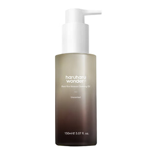Flacon pompe Haruharu Wonder Black Rice Deep Cleansing Oil 150ml, degrade brun-dore, sans parfum, sur fond blanc