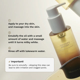 Haruharu Wonder Cleansing Oil - mode d'emploi : appliquer sur peau seche, emulsifier avec eau puis rincer a l'eau tiede