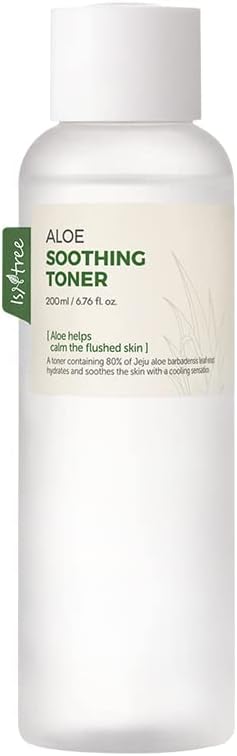 Flacon transparent ISNTREE Aloe Soothing Toner 200ml avec etiquette verte et illustration d'aloe vera