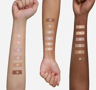 Swatches des six teintes PURITO SEOUL BB Cream Centella sur trois bras de carnations differentes