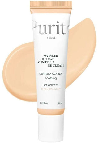 Tube blanc PURITO SEOUL Wonder Releaf Centella BB Cream #13 Neutral Ivory SPF 30 avec swatch beige clair
