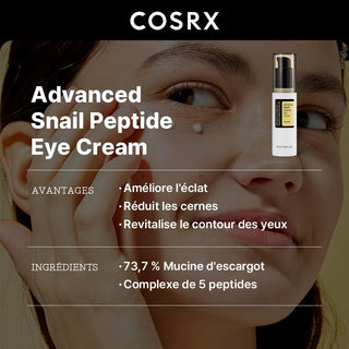 Visuel COSRX Advanced Snail Peptide Eye Cream - avantages et ingredients mucine et peptides sur fond portrait