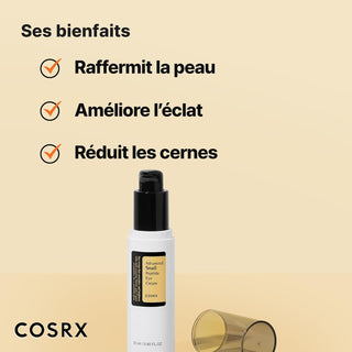 COSRX Advanced Snail Peptide Eye Cream - bienfaits raffermit, eclat et cernes sur fond jaune pastel