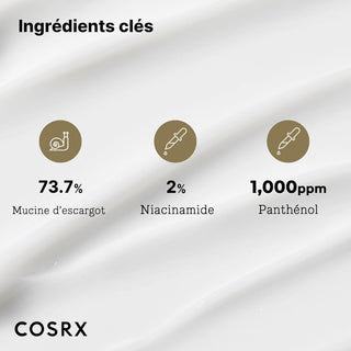 Infographie COSRX ingredients cles - 73.7% mucine, 2% niacinamide, 1000 ppm panthenol sur fond creme