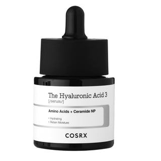 Flacon pipette COSRX The Hyaluronic Acid 3 Serum 20ml noir et blanc sur fond blanc
