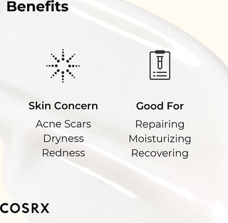 COSRX Snail 92 Cream - benefices cibles cicatrices acne, secheresse et rougeurs avec icones