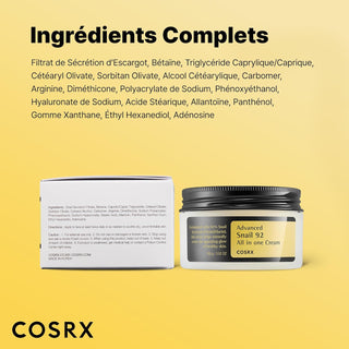 COSRX Snail 92 Cream - liste complete des ingredients avec pot et boite sur fond jaune