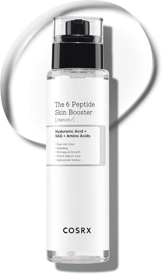 COSRX The 6 Peptide Skin Booster Serum - flacon pompe avec cercle de texture serum fluide derriere