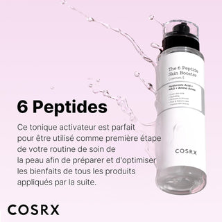 COSRX 6 Peptide Skin Booster - flacon avec eclaboussures de serum sur fond rose, premiere etape de routine