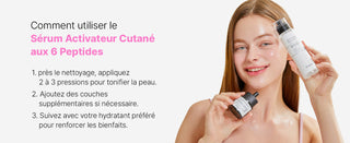 COSRX 6 Peptide Skin Booster - mannequin tenant le flacon et montrant le mode d'utilisation en 3 etapes