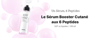 COSRX 6 Peptide Skin Booster - flacon 150ml entoure de bulles roses sur fond rose pastel