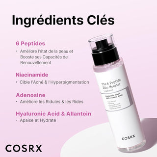 COSRX 6 Peptide Skin Booster - ingredients cles peptides, niacinamide, adenosine et acide hyaluronique sur fond rose
