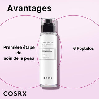 COSRX 6 Peptide Skin Booster - avantages du serum avec diagramme premiere etape et 6 peptides sur fond rose