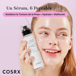 COSRX 6 Peptide Skin Booster - mannequin au teint lumineux tenant le flacon pres du visage sur fond rose