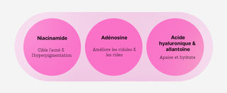 Trois ingredients cles du serum COSRX 6 Peptide - niacinamide, adenosine et acide hyaluronique sur fond rose