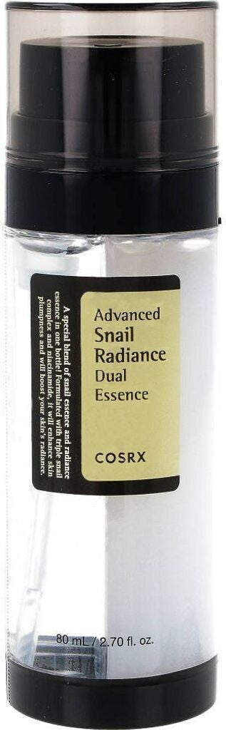 Flacon pompe transparent COSRX Advanced Snail Radiance Dual Essence 80ml avec etiquette jaune sur fond blanc