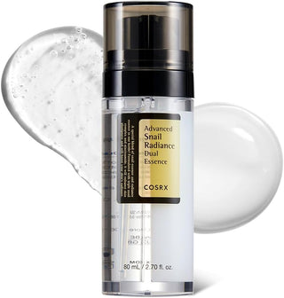 COSRX Advanced Snail Radiance Dual Essence avec deux textures visibles - gel transparent et essence laiteuse