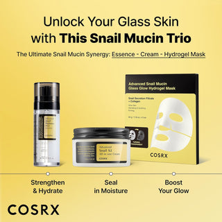 Trio COSRX Snail Mucin - essence, creme All in One 92 et masque hydrogel sur fond jaune pour routine eclat
