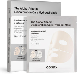 Boite et sachet COSRX Alpha-Arbutin Discoloration Care Hydrogel Mask avec masque visage deplie sur fond blanc