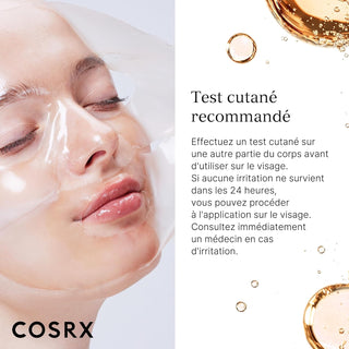 Visage femme portant le masque hydrogel COSRX Arbutine avec conseils de test cutane en francais