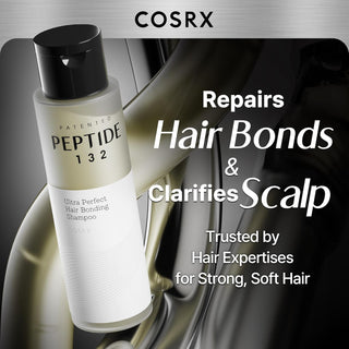 COSRX PEPTIDE-132 Shampoo - flacon sur fond metallise, repare les liens capillaires et purifie le cuir chevelu