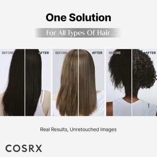 COSRX Peptide-132 Hair Bonding Treatment - resultats avant-apres sur trois types de cheveux