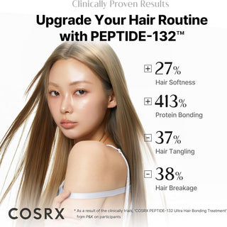 COSRX Peptide-132 Hair Bonding Treatment - resultats cliniques, +413% liaison proteique, -38% casse