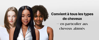 Trois modeles aux cheveux lisses, boucles et frises montrant la compatibilite du serum COSRX Peptide-132