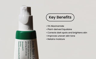 Tube AXIS-Y Dark Spot Correcting Glow Serum avec liste des benefices cles - niacinamide 5%, squalane vegetal
