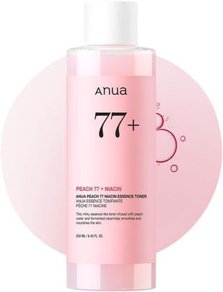 ANUA Peach 77 Niacin Essence Toner - flacon rose 250ml avec cercle rose et bulles en arriere-plan