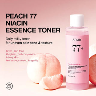 ANUA Peach 77 Niacin Essence Toner flacon rose avec peches fraiches et hashtags benefices