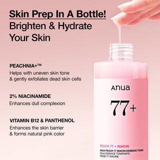 ANUA Peach 77 Essence Toner - actifs Peachnia, 2% niacinamide, vitamine B12 et panthenol detailles