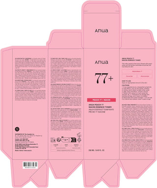 Emballage carton deplie ANUA Peach 77 Niacin Essence Toner avec notices multilingues et composition