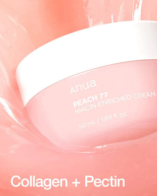 Pot ANUA Peach 77 Niacin Enriched Cream immerge dans un gel transparent, mention Collagen + Pectin