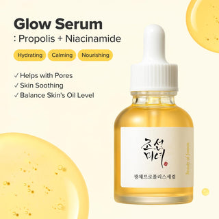 Infographie Beauty of Joseon Glow Serum Propolis avec flacon et mentions hydratant, apaisant, nourrissant