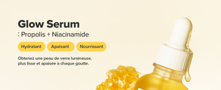 Beauty of Joseon Glow Serum Propolis Niacinamide - banniere proprietes hydratant apaisant nourrissant sur fond jaune