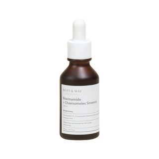 MARY&MAY Niacinamide Chaenomeles Serum 30ml - flacon brun pipette blanche sur fond blanc