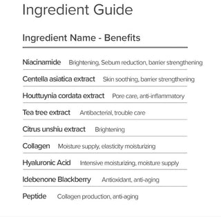 MARY&MAY Niacinamide Chaenomeles Serum - guide des ingredients niacinamide, centella, collagene et peptide