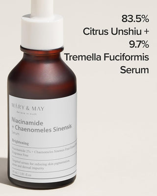 MARY&MAY Niacinamide Chaenomeles Serum - flacon et composition avec 83.5% Citrus Unshiu et 9.7% Tremella