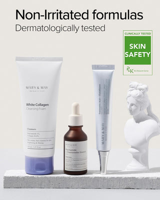 MARY&MAY gamme Brightening - nettoyant White Collagen, serum Niacinamide et contour des yeux sur socle en pierre