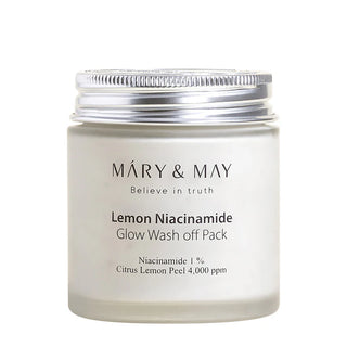 MARY&MAY Lemon Niacinamide Glow Wash Off Pack 125g - pot en verre depoli couvercle argente sur fond blanc