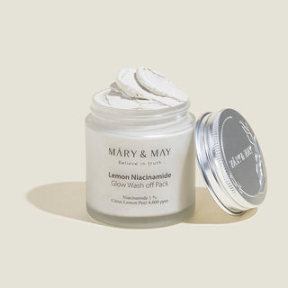 MARY&MAY Lemon Niacinamide Wash Off Pack - pot ouvert avec texture cremeuse epaisse, couvercle argente appuye