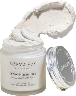 MARY&MAY Lemon Niacinamide Wash Off Pack - pot ouvert avec texture cremeuse blanche et couvercle a cote
